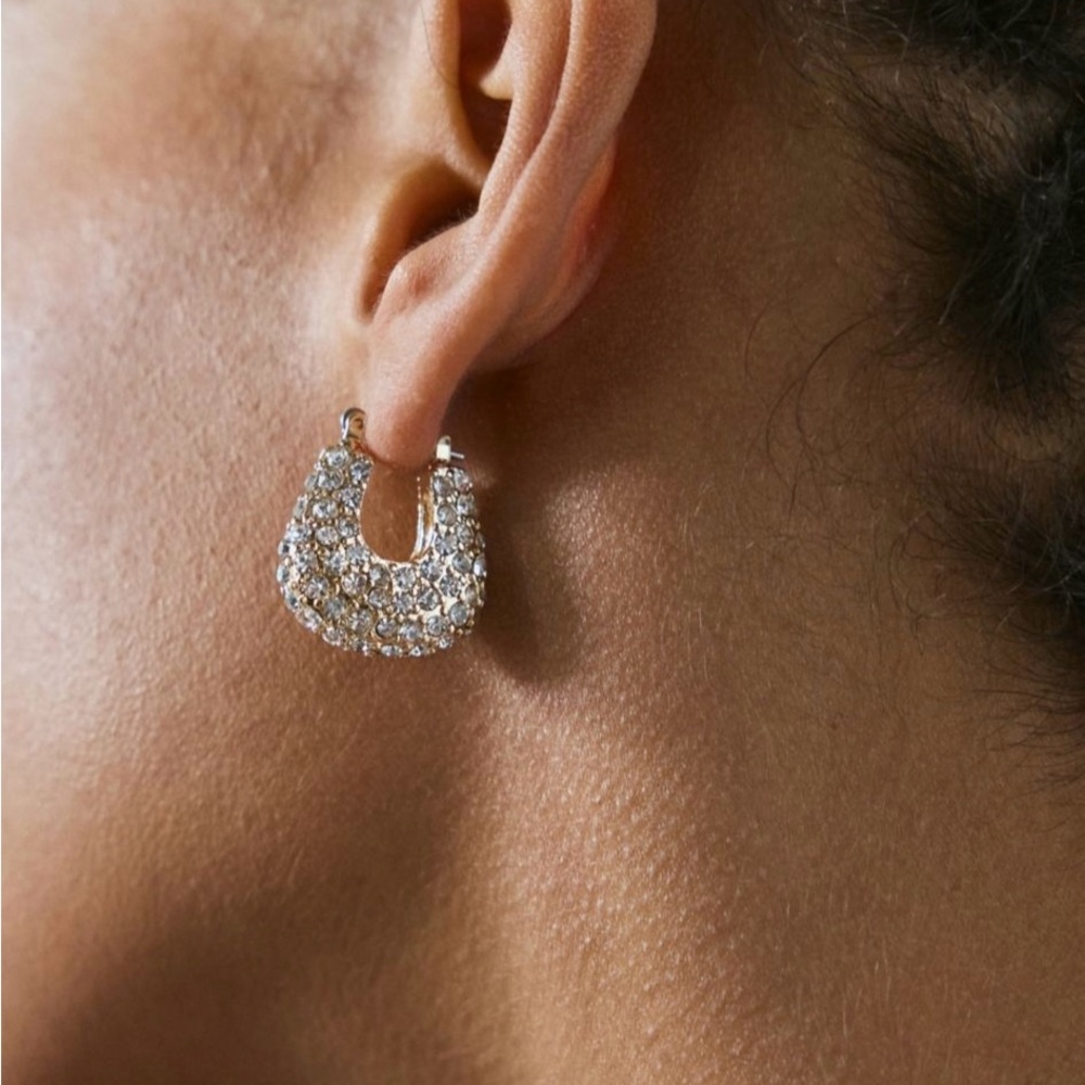 Pave Rhinestone Statement Chunky Hoop Gold Earrings